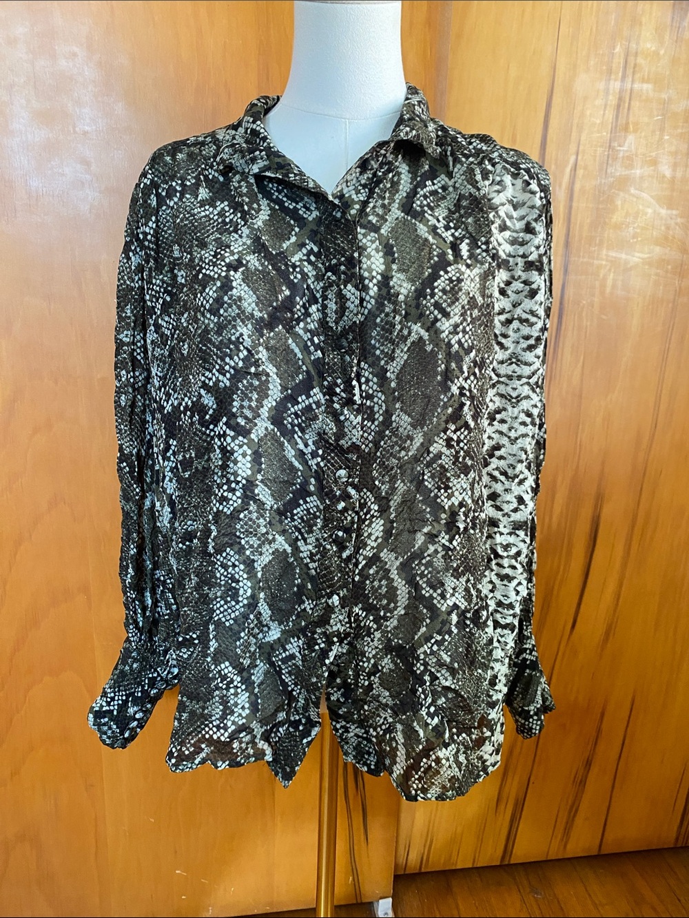 Black Green Snake-Print Button-Down Shirt Oversized Viscose Office Top Blouse